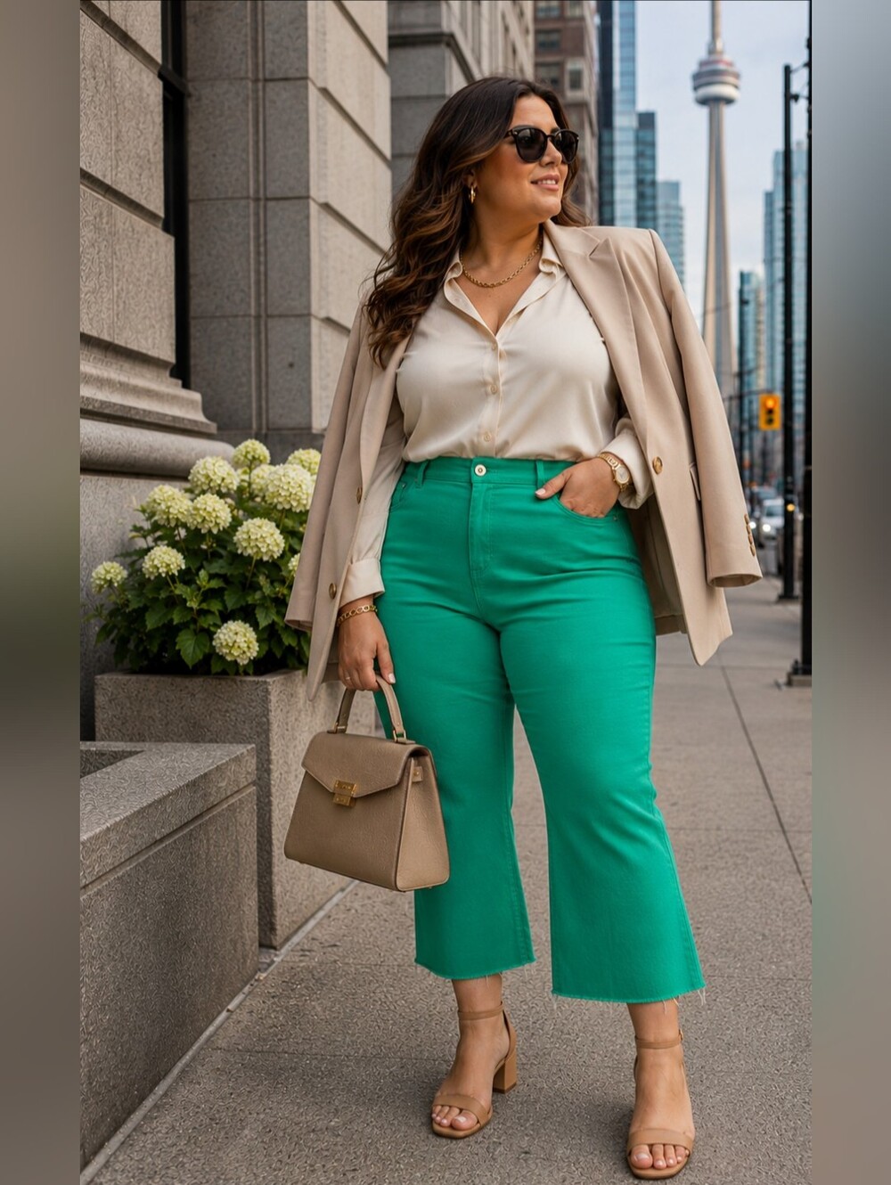Cropped Kick Flare Raw Hem Green Coloured Jeans Plus Size by Addition Elle